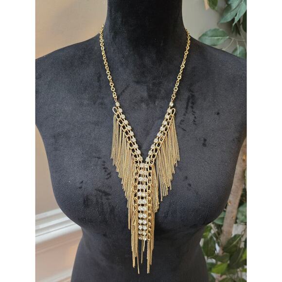 Women's Gold Fringe Statement Necklace With Rhinestones Lobster Clasp - Picture 1 of 4